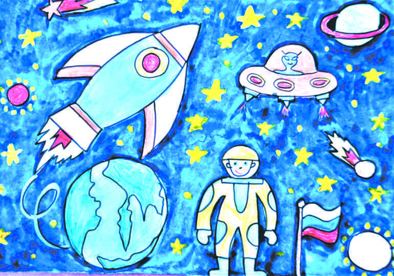 Как нарисовать космос, планеты, звезды, спутник карандашом и красками для начинающих - рисунок на тему космос гуашью и акварелью поэтапно для детей