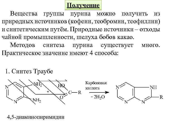 Способы получения химия. Синтез Траубе Пурин. Синтез Траубе получение Пурина. Синтез ксантина метод Траубе. Синтез кофеина из мочевой кислоты.