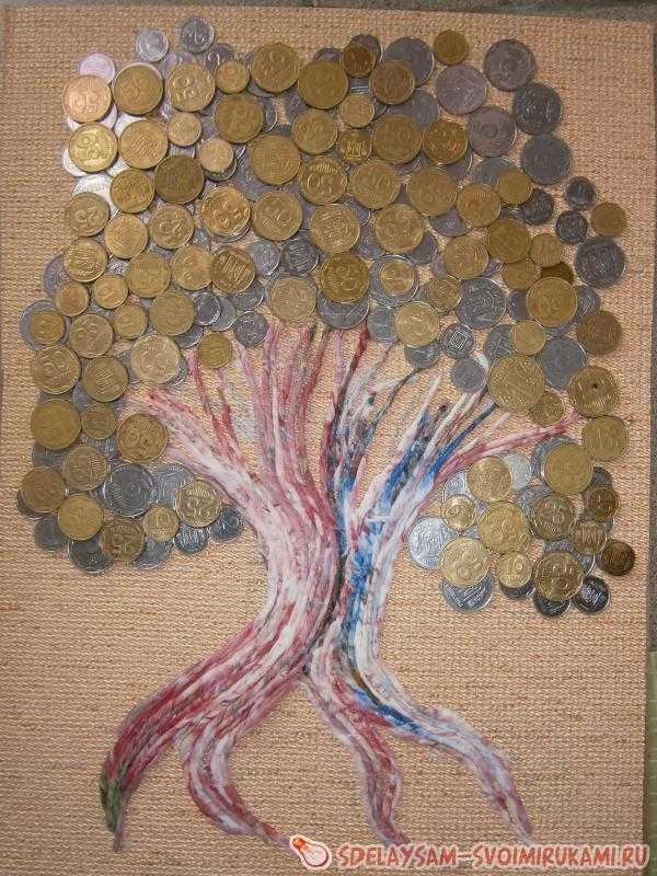 Картина панно рисунок аппликация из скрученных жгутиков ассамбляж "денежное дерево" фэн шуй символика  клей краска монета салфетки